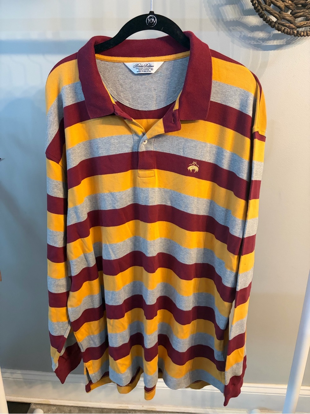 Brooks Brothers Maroon, Gold & Gray Striped Long-Sleeve Polo shirt size XL